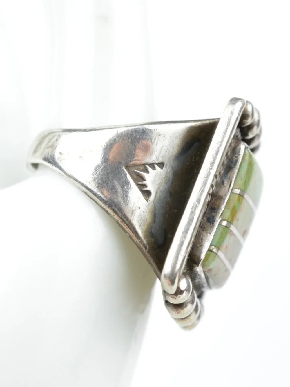 Vintage Navajo Sterling Silver Gaspeite Channel Inlay Ring Sz 14.25 Heavy 19.5g